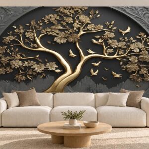 Black & Gold Tree Wallpaper with Birds
