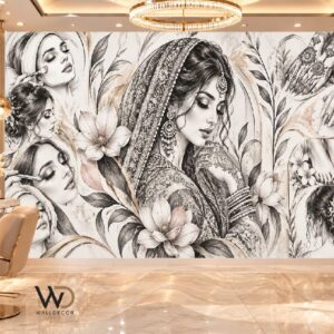 Black & White Pencil Sketch Beauty Wallpaper – Artistic Salon Wall Mural