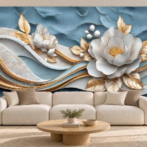 Blue & Gold Floral Wave Wallpaper