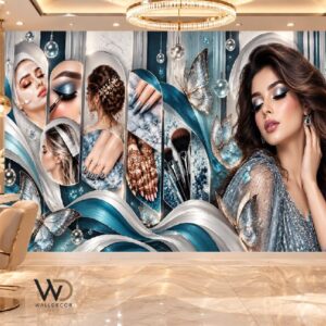 Blue Silver Butterfly Beauty Wallpaper – Modern Salon Wall Mural