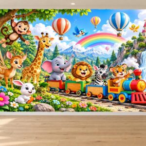 Cartoon Animal Train Wallpaper for Nursery Schools