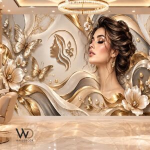 Champagne Gold 3D Beauty Wallpaper – Luxury Parlour Wall Decor