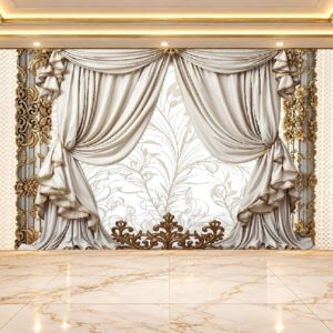 Classic Ivory Curtain & Gold Floral Wall Mural in Karachi