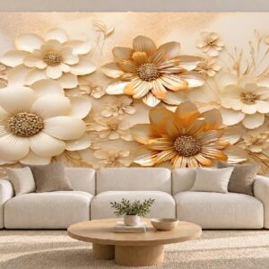 Cream & Gold Floral Wallpaper for Living Room