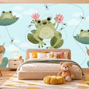 Cute Frog & Lily Pond Kids Wallpaper – Nursery Decor
