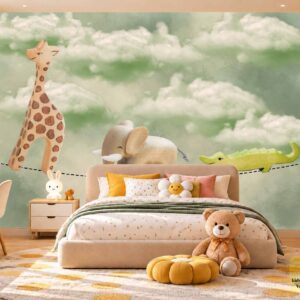 Cute Giraffe Cloud Kids Wallpaper – Nursery Wall Decor