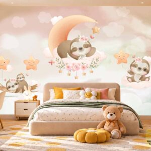 Cute Teddy Bear Moon Kids Wallpaper – Nursery Wall Decor