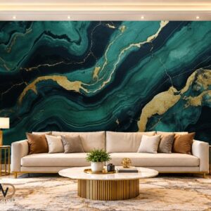 Dark Teal & Gold Agate Marble Wallpaper – MW-22