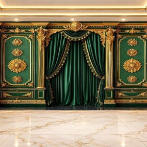 Emerald Green Royal Curtain & Gold Panel Wallpaper in Karachi