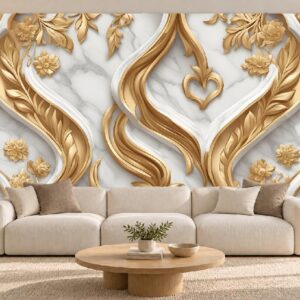 Gold & White Ornamental Leaf Wallpaper
