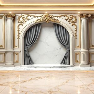 Grey Curtain & White Marble Arch Wallpaper in Karachi