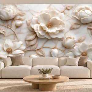 Ivory Floral Wallpaper with Gold Vine Details