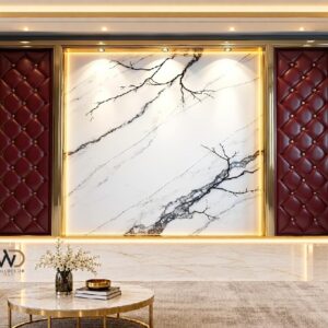 Luxury Marble & Burgundy 3D Panel Wall Design in Karachi