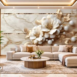 Luxury White 3D Floral Marble Wallpaper – Elegant Gold Flower Wall Design