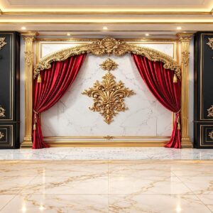Maroon Curtain & Golden Floral Ornament Wallpaper in Karachi