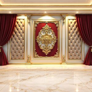 Maroon Velvet Curtain & Golden Ornamental Wallpaper in Karachi