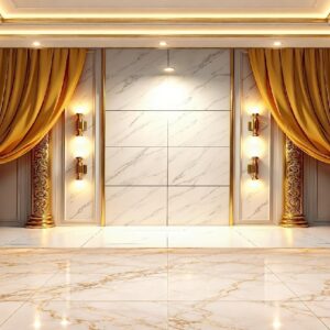 Mustard Gold Curtain & White Marble Wallpaper in Karachi