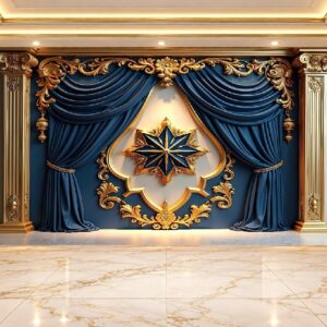Navy Blue Royal Curtain & Gold Star Wallpaper in Karachi