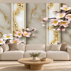 Pink Blossom & Gold Marble Pattern Wallpaper