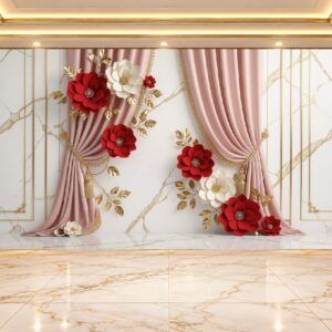 Pink Curtain & Red Rose Luxury Wall Mural in Karachi