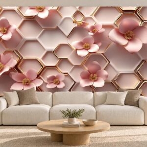 Pink Floral & Gold Hexagon Pattern Wallpaper