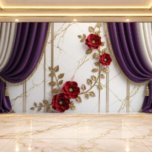 Purple Curtain & Red Rose Floral Wallpaper in Karachi
