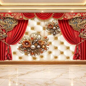 Red Curtain & Golden Floral Tufted Wallpaper in Karachi