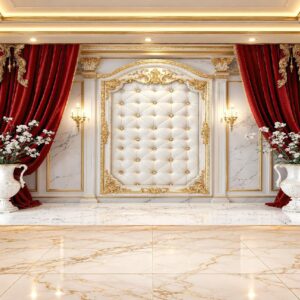 Red Velvet Curtain & Cream Tufted Royal Wallpaper in Karachi