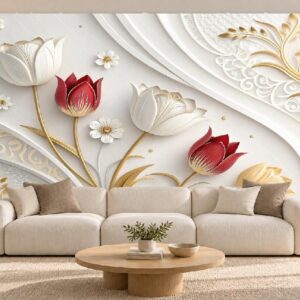 Red & White Tulip Wallpaper with Gold Accents