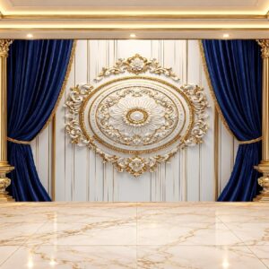 Royal Blue Curtain & Gold Medallion Wallpaper in Karachi