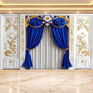 Royal Blue Curtain & White Gold Floral Wallpaper in Karachi