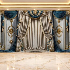 Royal Blue & Silver Ornamental Curtain Wallpaper in Karachi