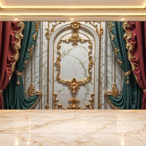 Royal Burgundy & Green Curtain Gold Frame Wallpaper in Karachi