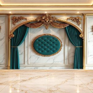 Royal Teal Green Curtain & Gold Frame Wallpaper in Karachi