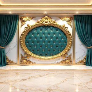 Royal Teal Tufted Medallion Curtain Wallpaper in Karachi