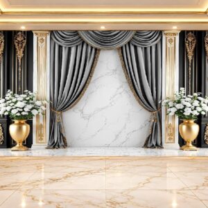 Silver Grey Curtain & Black Marble Wallpaper in Karachi