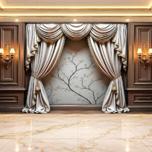 Silver Satin Curtain & Marble Wall Mural in Karachi