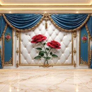 Teal Curtain & Red Rose Tufted Wallpaper in Karachi