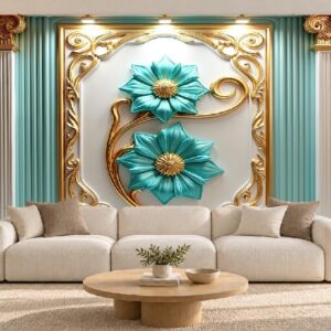 Teal Flowers & Gold Frame Luxury Wallpaper