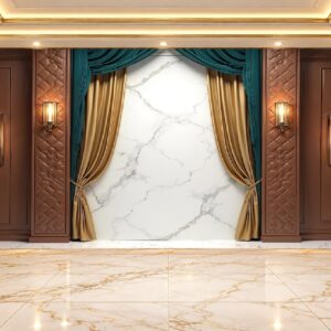 Teal & Gold Curtain White Marble Wallpaper in Karachi