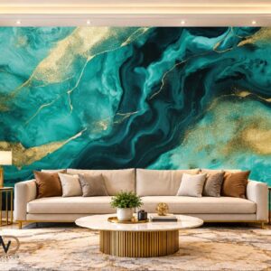 Turquoise Blue & Gold Marble Wall Mural – MW-15