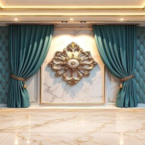 Turquoise Curtain & Gold Floral Medallion Wallpaper in Karachi
