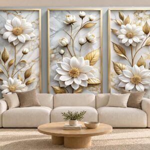 White Daisy & Gold Leaf Panel Wallpaper