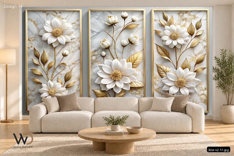 White Daisy & Gold Leaf Panel Wallpaper