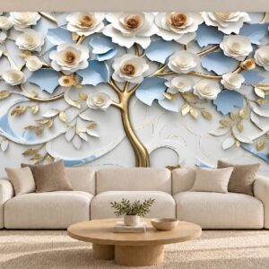 White Floral Tree Wallpaper on Soft Blue Background