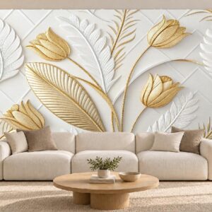 White & Gold Botanical Leaf Wallpaper