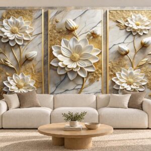 White & Gold Floral Panel Wallpaper