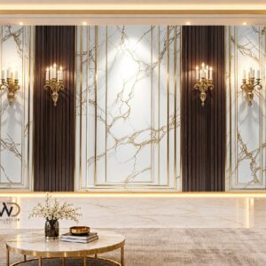 White Marble & Dark Wood Luxury Wall Panel Design in Karachi