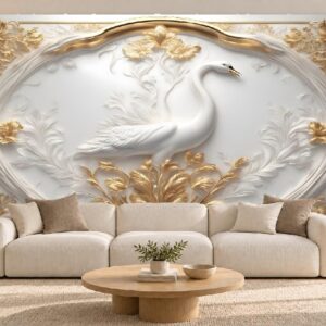 White Peacock & Gold Floral Frame Wallpaper