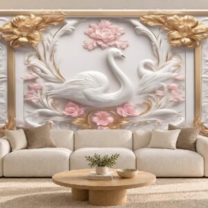 White Peacock & Pink Floral Wallpaper for Living Room